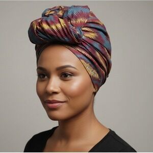Abstract Swirl Print Scarf Red Gold Blue Geometric Pattern Head Wrap